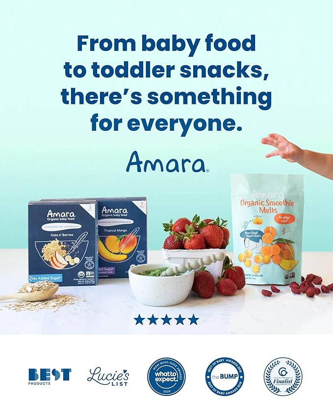 Amara Organic Baby Food | Oats and Berries | Baby Cereal to Mix With Breastmilk, Water, or Baby Formula | Baby Food Pouches, Made from Organic Fruit and Veggies | Stage 2 | 10 Pouches