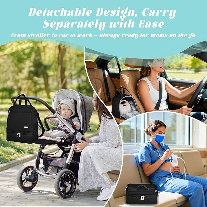 Breast Pump Bag with Insulated Cooler, Double-Layer Pumping Bag for Work & Travel, Fits Most Electric Breast Pumps, Includes 10 Ice Packs & Waterproof Mat, Detachable Bottle Cooler Tote, Black