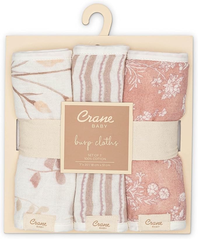 Crane Baby Violet Floral Cotton Muslin Burp Cloth Set, 3 Pack Baby Girl Burp Cloths, Absorbent 100% Cotton Muslin, Pink Burping Cloth for Baby Girl, Soft Burping Cloths for Newborn
