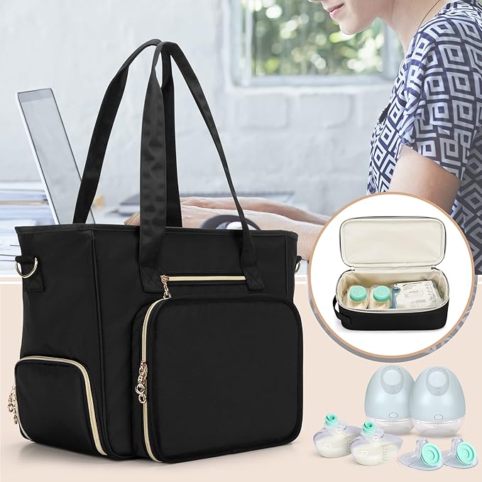 BAFASO Wearable Breast Pump Bag with Cooler and Laptop Sleeve (Compatible with Momcozy S12 Pro, Momcozy M5, Elvie), Pumping Bag for Working Moms (Patent Pending), Black