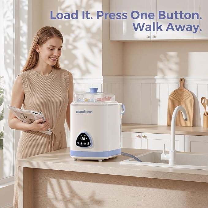 MOMFANN EasePure Pro Baby Bottle Washer, Upgraded 4-in-1 Bottle Washer and Sterilizer and Dryer, Deep Clean for Bottles, Pump Parts & Essentials, Time-Saving Effortless Baby Care (White Blue)