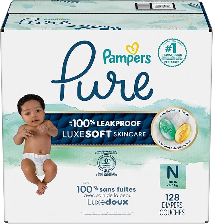 Pampers Pure Baby Diapers, Size 0 (>10 lbs ), 128, Up to 100% Leakproof, Premium Hypoallergenic Soft Diapers
