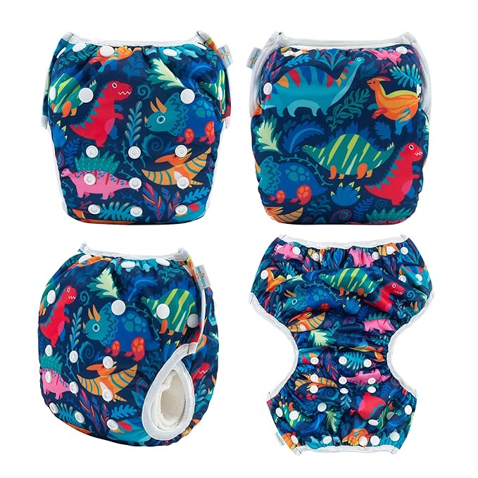 Babygoal Baby Swim Diapers 3 Pack for 0-8 Months Infant Girls and Boys, Reusable Adjustable Washable for Swimming Lessons-Dinosaurs