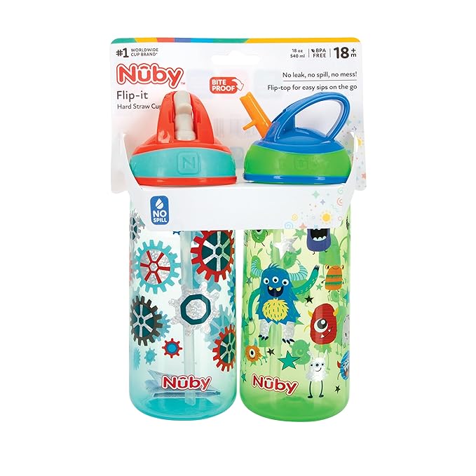 Nuby 2 Pack Iridescent PP Flip-it Kids On-The-Go Printed Water Bottle with Bite Proof Hard Straw - 18oz / 540 ml, 18+ Months, 2 pk, Robot & Friendly Monster Print
