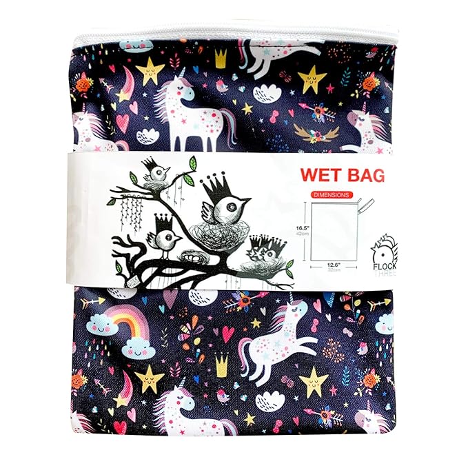FLOCK THREE Waterproof and Reusable Wet Bag Diaper Stroller Water Resistant Swimsuit Travel Toiletries Yoga Gym Washable Carrier Unicorn Large 12.6'' x 16.5''