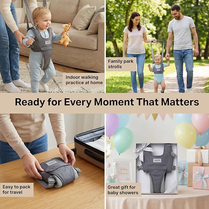 Watolt Baby Walking Helper Harness - Help Toddlers Learn to Walk Stand Up with Adjustable Handheld Walker - Learning Assistance Safety Belt Harness Support for Babies 6 to 24 Months (Grey)