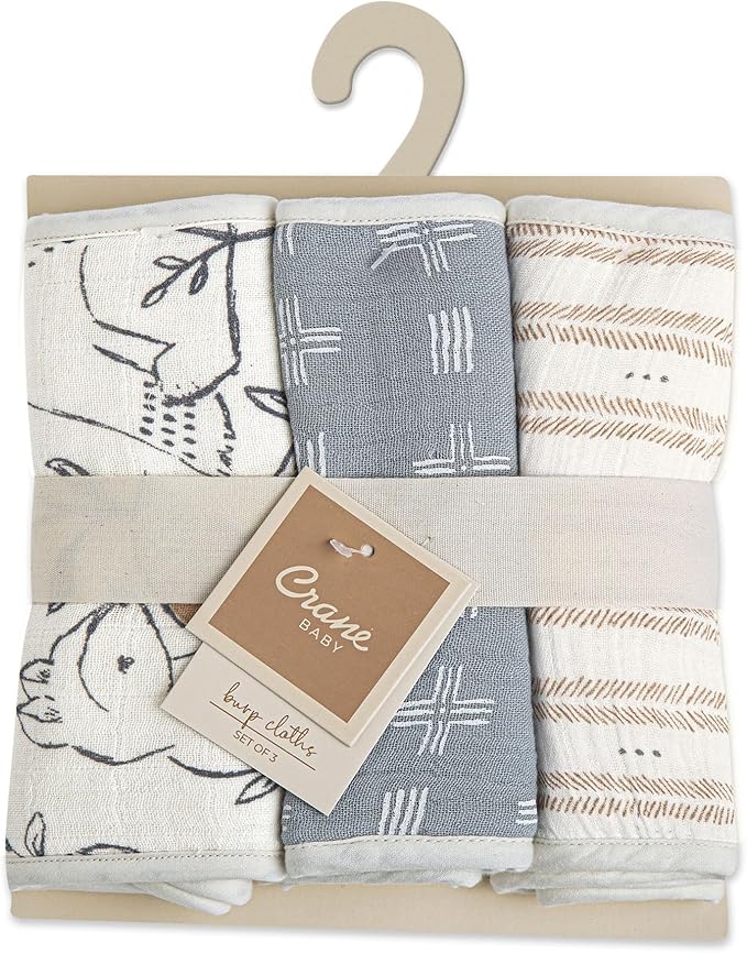 Crane Baby Muslin Baby Burp Cloths, Lightweight Absorbent Burp Cloth, Woodland Animal, Set of 3, 7" x 20", Newborn Baby Essentials, Burp Cloths Baby Boy, Burp Cloths Baby Girl, Baby Newborn Essentials