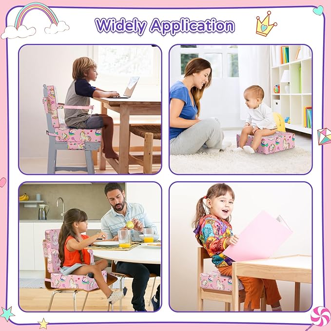 Booster Seat for Kitchen Chair with Backrest & 4 Adjustable Straps, TPU Waterproof & Anti-Scratch Toddler Booster Seat for Dining Table, Removable & Non-Slip(Unicorn)