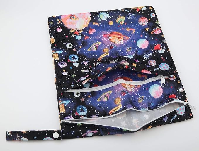 Medium Wet Dry Bag Baby Cloth Diaper Nappy Insert Bag Reusable Washable With Two Zippered Pockets (Solar System)