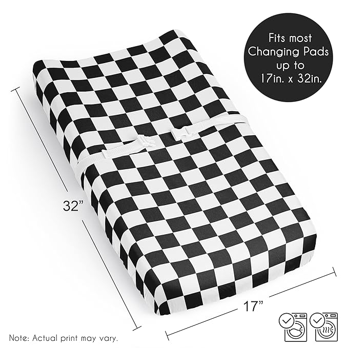 Sweet Jojo Designs Baby Changing Pad Cover Sheet (Black and White Gingham Checkered Plaid) for Boys or Girls, Infant/Newborn Diaper Change Table Mat Covers (Vintage, Classic Checkerboard, Racing Flag)