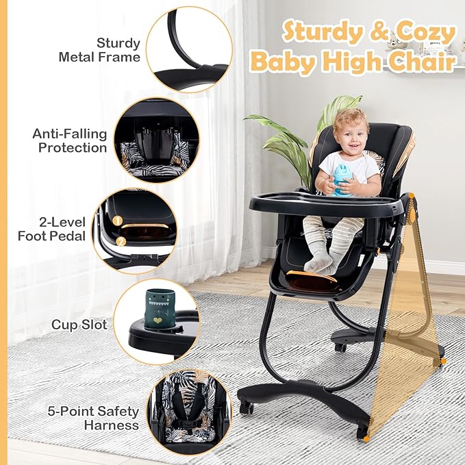 HONEY JOY Baby High Chair, Foldable High Chairs for Babies and Toddlers, Adjustable Heights, Recline Backrest & Footrest, Double-Layer Tray & Cushion, Portable Infant Highchair with Wheels (Black)