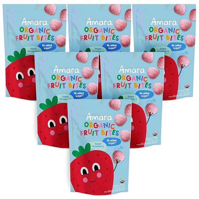 Amara Organic Fruit Bites Sweet Strawberry - No Added Sugar, Dairy-Free, Nut-Free Healthy Fruit Snacks, Made with Organic Whole Foods, Allergy-Friendly Healthy Fruit Snacks for Kids - 21g 6PK