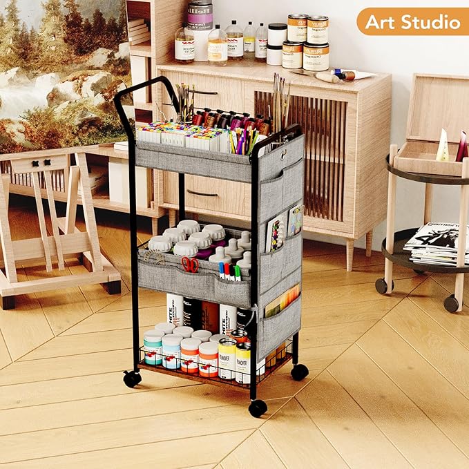 BBLIKE 3-Tier Diaper Caddy Organizer - Rolling Utility Baby Cart with Basket and Side Pockets for Nursery and Baby Essentials, Multi-Function Cart for Bedroom and Bathroom,Gray