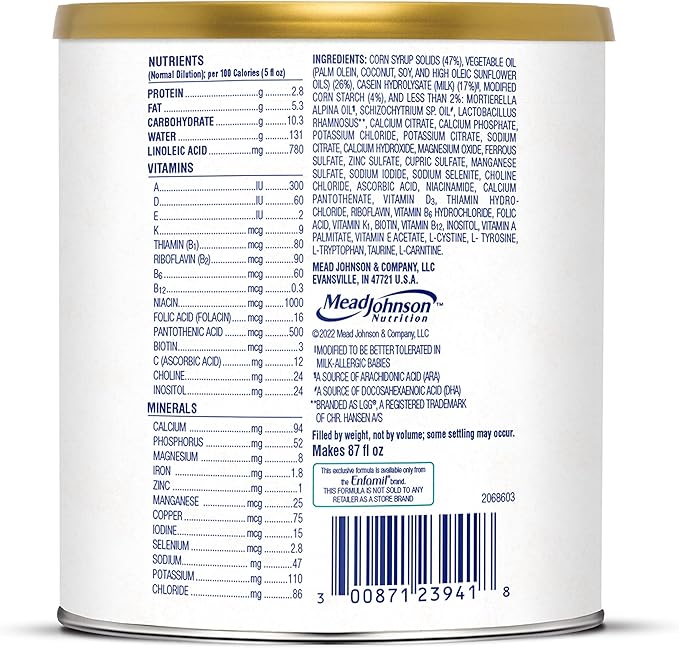 Enfamil Nutramigen Hypoallergenic Baby Formula with Iron, Lactose Free, Colic Relief from Cow's Milk Allergy Starts in 24 Hours, Brain Building DHA, Probiotic LGG for Immune Support, 12.6 Oz Can