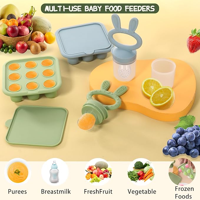 Baby Breastmilk Popsicle Molds & Baby Fruit Feeder (2 Pack), Baby Food Freezer Tray Storage Containers, Silicone Teething Pacifier Feeder and Teether for Babies,Baby Feeder - Blue