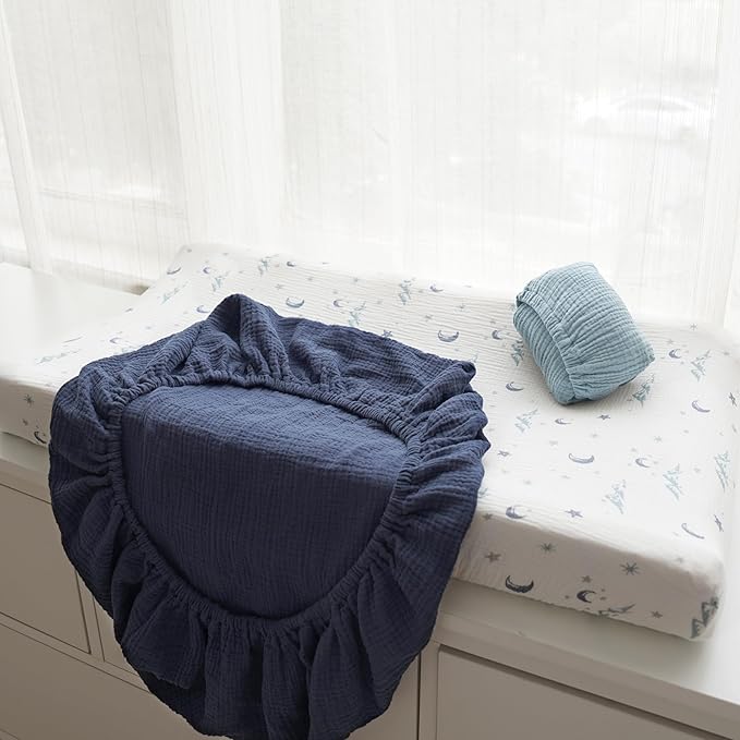 3 Pack Muslin Cotton Changing Pad Covers for Girl, Boy, 100% Soft Changing Table Cover, Breathable Baby Nursery Diaper Chang Pad Sheets (Nightfall Blue)