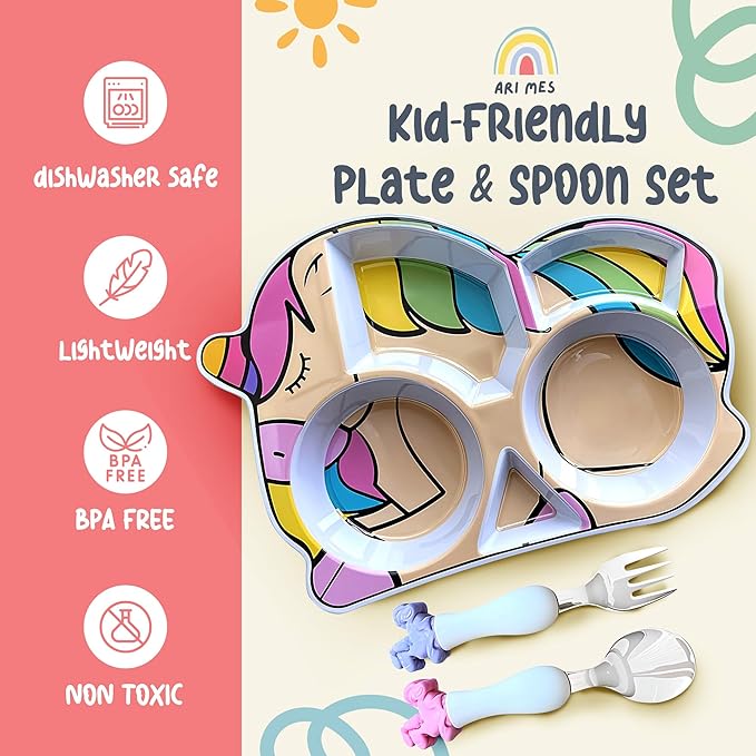 ARI MES - Unicorn Shaped Plate and Utensil Set - Fun, BPA-Free, Shatter- Resistant, Lightweight, Picky Eaters Kids Dinnerware Set, Children's Utensils, Toddler Forks and Spoons