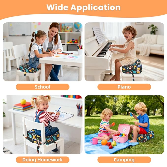 Toddler Booster Seat for Dining Table Kitchen Chair, Kids Booster Seat with Non-Slip Bottom and Adjustable Straps, 4" Detachable Washable Portable Travel Increasing Cushion (Dinosaur)