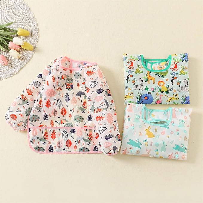3 Pcs Waterproof Long Sleeves Baby Bibs Weaning Smock Bib 3-24 Months