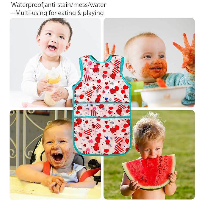 Joyo roy Mess Proof Baby Bibs for Eating Waterproof Toddler Bibs 2-4 Years Soft Machine Washable Sleeveless Smock Bib for Baby Girl Travel Reusable Led Weaning Apron for Feeding Bib with Food Catcher