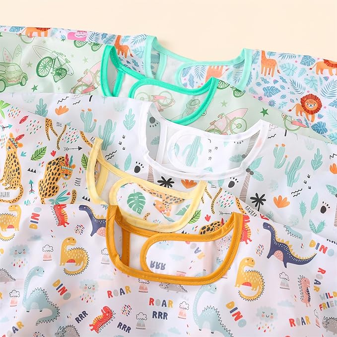 Long Sleeved Bibs, Pack of 5,Lightweight Waterproof Shirt Bibs for Baby Toddler 6-30 Months