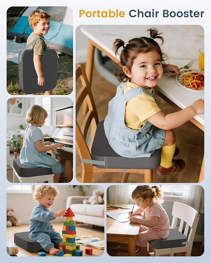 Booster Seat for Kitchen Chair – Toddler Booster Seats for Dining Table with 2 Secure Buckle Straps, PU Leather Booster Cushion Foam Chair for Baby Kids, Portable & Easy to Clean (Dark Grey)