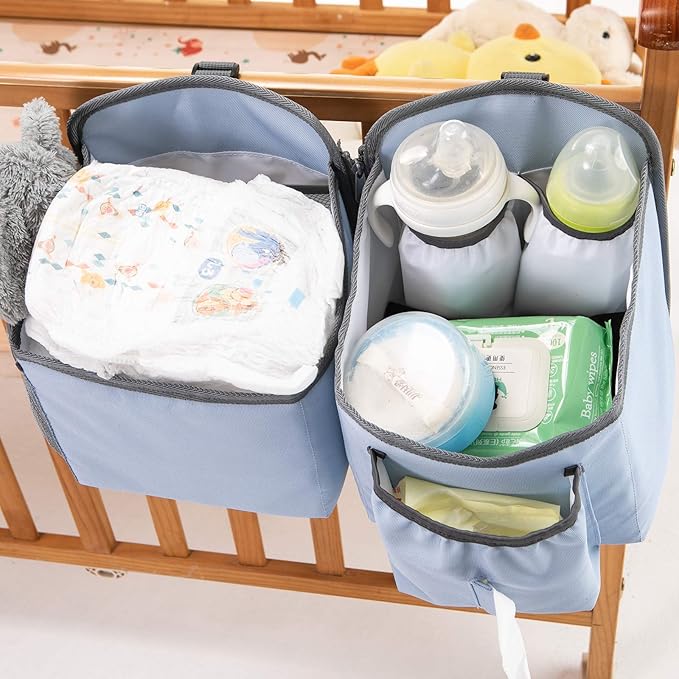 MOMIGO Baby Diaper Caddy Bag Stacker Organize - Nursery Storage Bin for Diapers, Wipes & Toys with Insulation Pocket - 2pcs Diaper Organizer for Crib Wall (Blue)