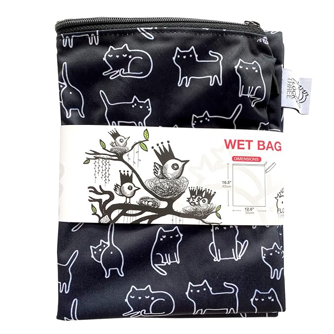 FLOCK THREE Waterproof Wet Bag Reusable for Wet Clothes Baby Diapers Stroller Swimsuit Travel Washable toiletries Pouch Large Electronics case 12.6'' x 16.5'' (Black Cats)
