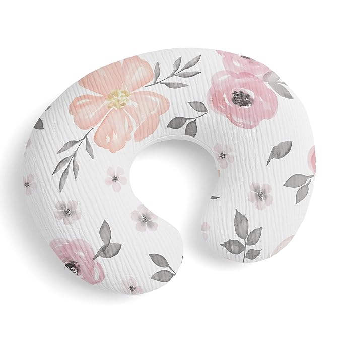 Sweet Jojo Designs Muslin Nursing Pillow Cover (Pink/Grey Watercolor Floral) for Baby Girls, Newborn, Infant 100% Cotton Breastfeeding Pillowcase - Pillow NOT Included (Shabby Chic, Boho, Farmhouse)