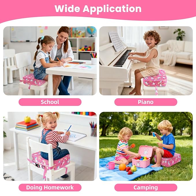 Toddler Booster Seat for Dining Table Kitchen Chair, Kids Booster Seat with Non-Slip Bottom and Adjustable Straps, 4" Detachable Washable Portable Travel Increasing Cushion (Pink Unicorn)