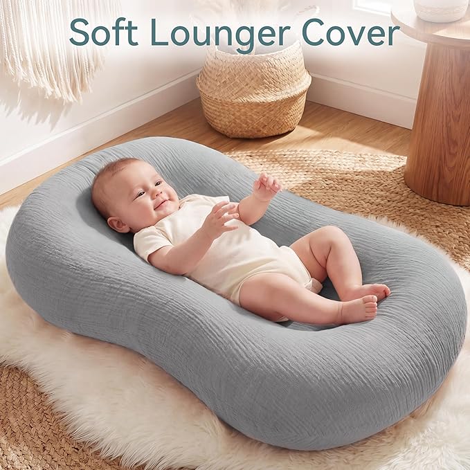 Muslin Baby Lounger Cover 1 Pack, Cotton Soft Breathable Infant Nest Slipcover, Envelope Closure, Compatible with Snuggle Me Loungers, Machine Washable, Cover Only, for Boys Girls(Gray)