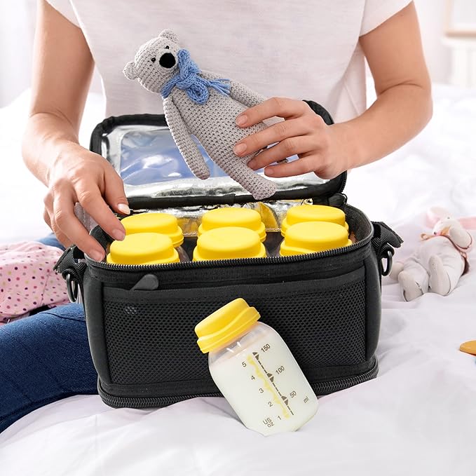 FreezeN'Go Breast Milk Cooler Travel Bag (6 Built-in Ice Packs) Designed for 5oz Medela Express Baby Bottles and Breastmilk Storage Bags - Freezable Insulated Tote with Handle and Padded Strap