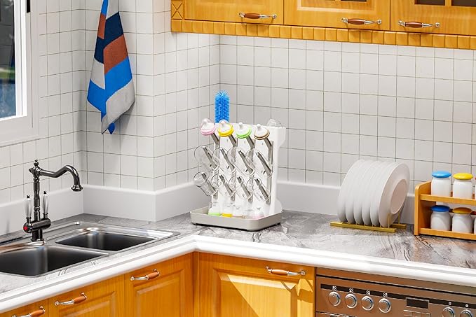 Baby Bottle Drying Rack: Large Vertical Bottle Dryer Rack Holder - Space Saving Standing Drying Rack for Baby Bottles and Pump Part Cleaning(Beige)