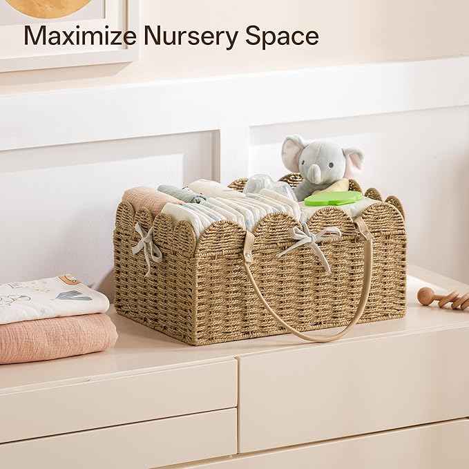 Angelhood Scalloped Paper Rope Diaper Caddy, Woven Floral Baby Diaper Organizer with Dividers for Changing Table, Nursery & Car Portable Baby Gift Basket