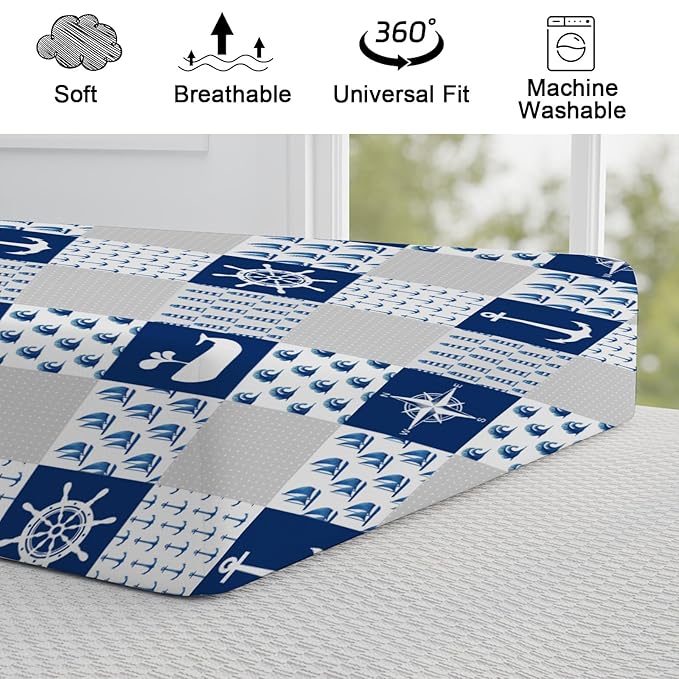 Navy Nautical Life Changing Pad Cover Marine Ocean Lighthouse Compass Whale Changing Table Cover for Baby Boys Girls Soft Breathable Stretchy Fitted Diaper Changing Mat Sheets 32''x16''