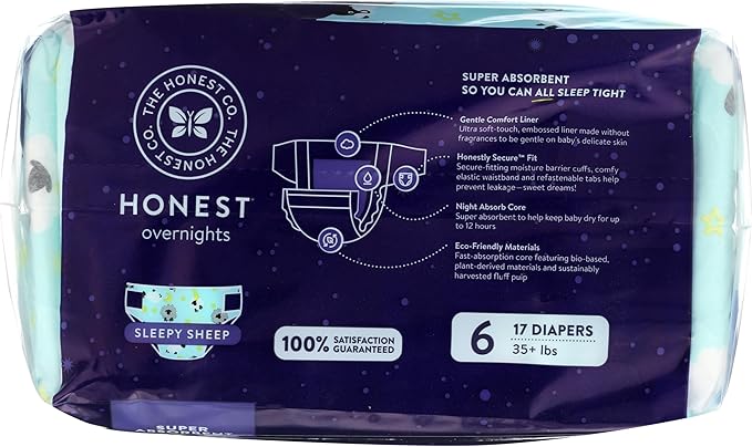 Honest, Overnight Diapers Sleepy Sheep Size 6, 25 Ounce, 17 Count