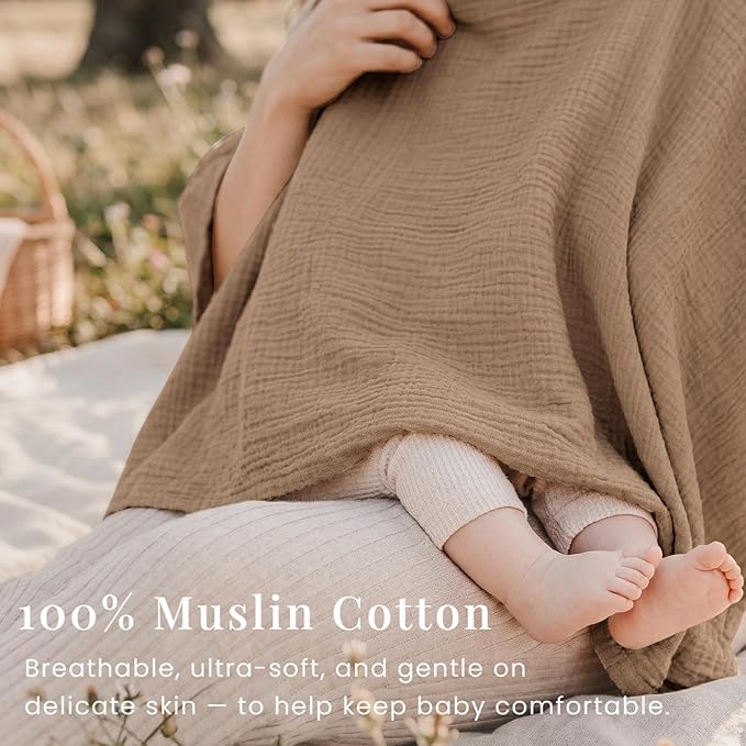 Konssy Muslin Nursing Cover for Breastfeeding, 360° Full Privacy Breathable 100% Cotton Breastfeeding Cover, Multi-use Carseat Canopy(Brown)
