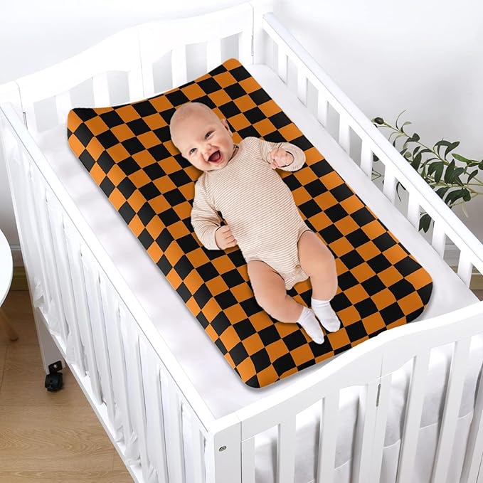 Orange and Black Checkered Changing Pad Cover for Baby Girls Boys Halloween Breathable Diaper Change Table Sheet Soft Stretchy Cute Change Table Mat Cover Fit 32x16
