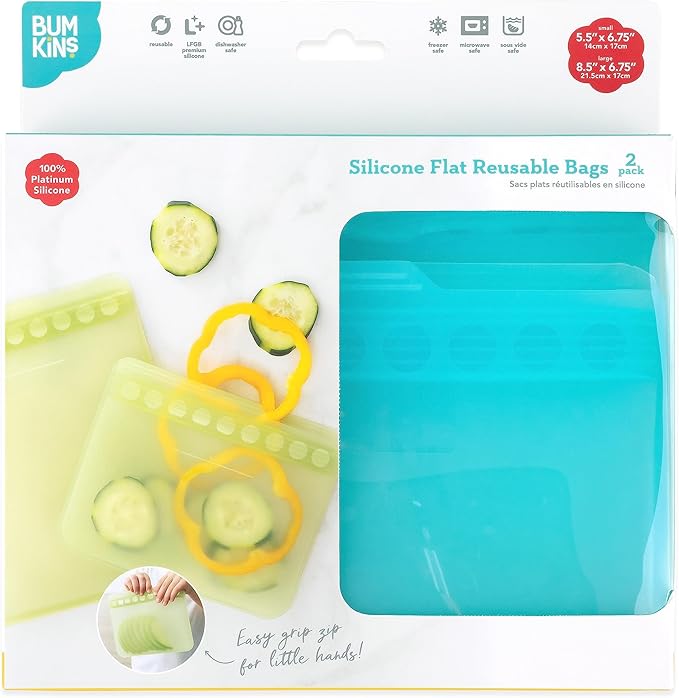 Bumkins - Silicone Snack & Sandwich Bags - For Storage, Food Prep, Lunch Bag - Reusable, Leak Resistant, Washable, Microwave, Freezer & Dishwasher Safe - 2 pack - Blue