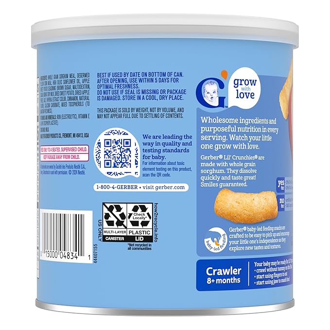 Gerber Stage 3 Baby Food Snacks, Apple Sweet Potato Lil' Crunchies, Snacks for Babies, Baby Led Feeding, 6-Pack