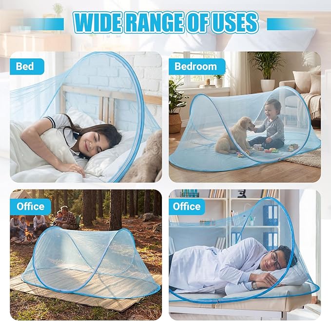 2 Pcs Large Pop up Mosquito Tent Portable Foldable Mosquito Bug Net for Bed Camping Travel Patio Outdoor 78 * 31 * 22 Inch Bug Netting Mesh Tent Canopy for Adults Bedroom, Blue