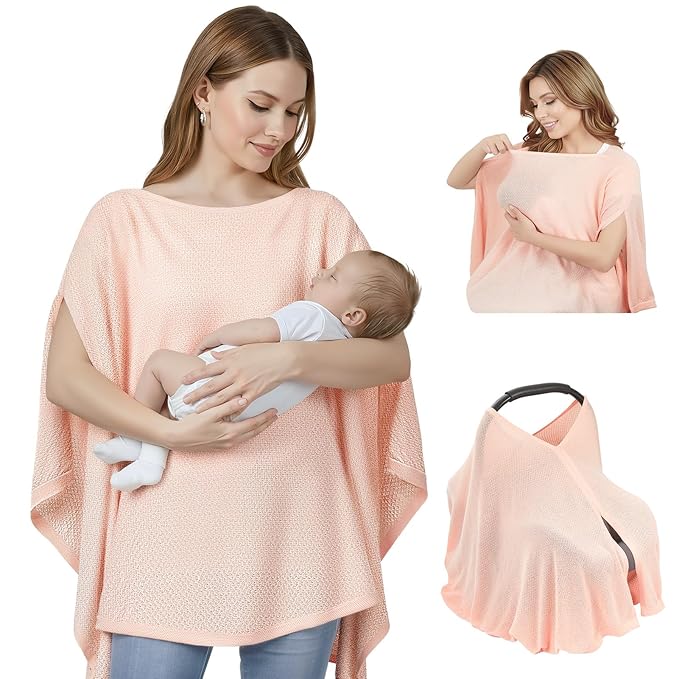 Knit Nursing Cover Up for Breastfeeding, Soft & Cozy Breastfeeding Poncho with Dual Side Slits, 360° Full Privacy Nursing Shawl with Laundry Bag, Pink