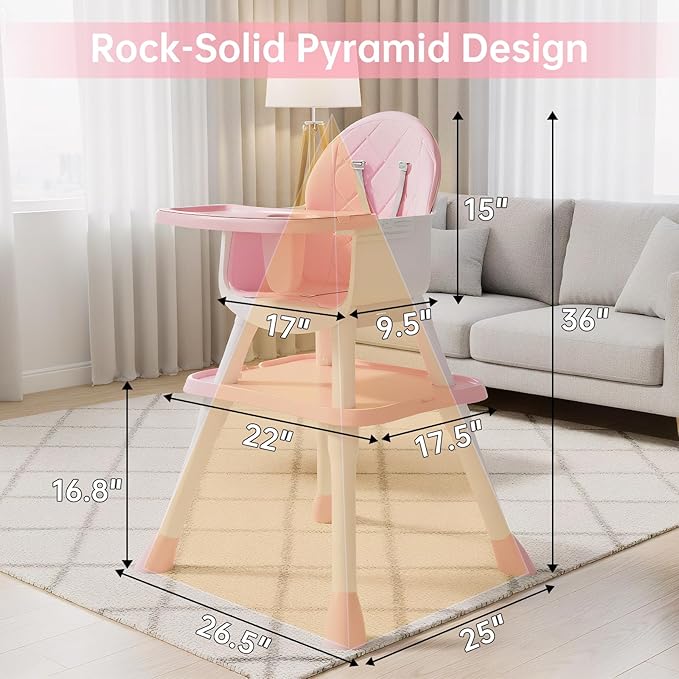 6-in-1 Convertible Baby Highchair, Booster Seat, Toddler Chair & Building Block Table, with Removable Tray, Easy Clean Cushion & 5-Point Harness (Pink)