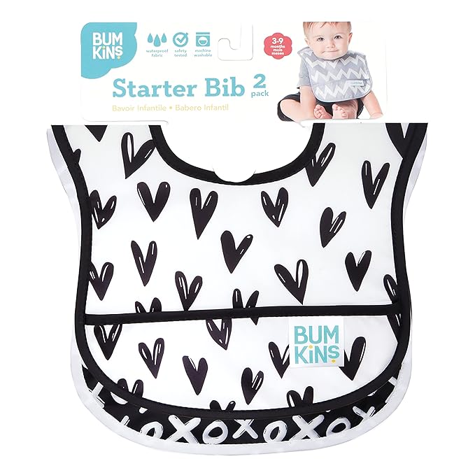 Bumkins Bibs, for Baby Girl or Boy, Infant 3-9 Months, Essential Must Have for Eating, Feeding, Baby Led Weaning, Mess Saving Waterproof Soft Fabric, Starter Bib 2-pk Hearts, XOXO Black and White