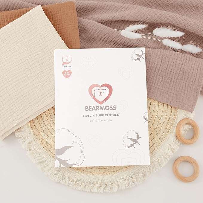Bearmoss 6 Pack Muslin Burp Cloths for Baby, 100% Cotton Soft Large Burping Cloths for Unisex, Boy, Girl, 23.6" X 23.6" Newborn Essentials Absorbent Milk Spit Up Rags (Brown)