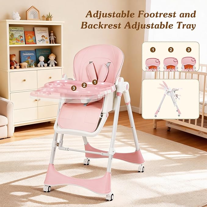 3-in-1 Baby High Chair | Convertible Baby High Chair for Babies and Toddlers | Brake Wheels, Easy Clean, Space Saving | Adjustable, Removable Tray (Pink)