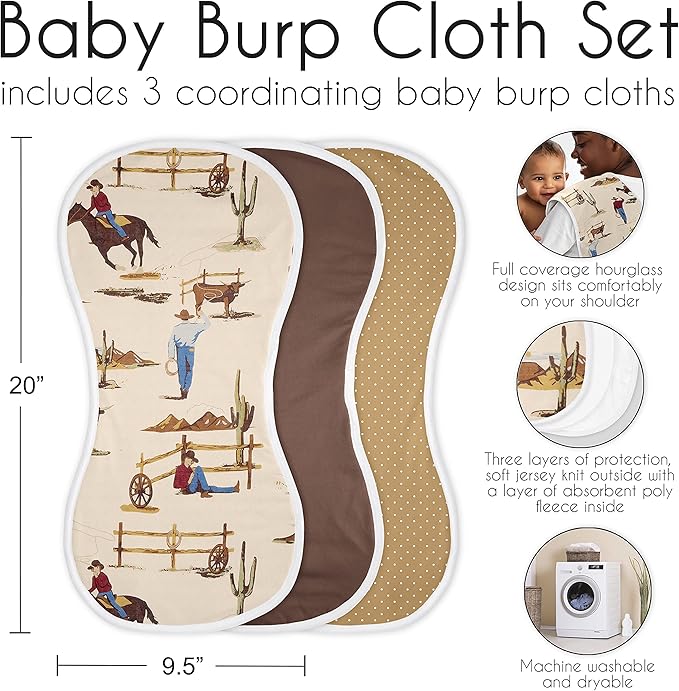 Sweet Jojo Designs Western Cowboy Baby Boy Absorbent Burp Cloths for Infant Newborn - Red Blue Tan Chocolate Brown and White Wild West Southern Country Horse - 3 Pack Set of Dribble Drool Cloths