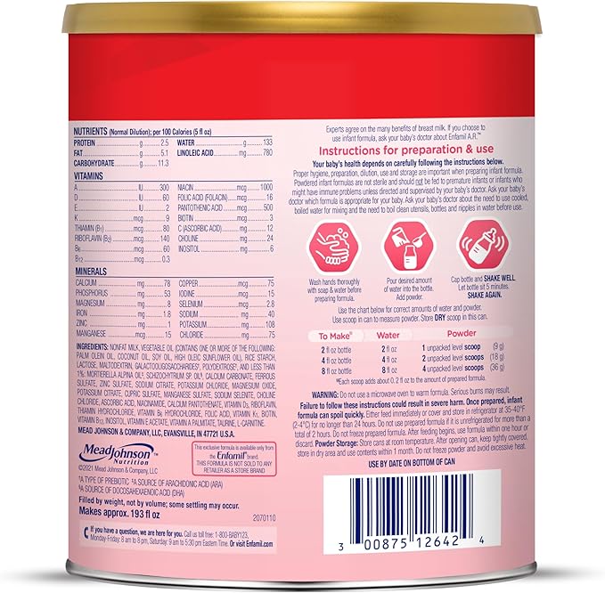 Enfamil A.R. Infant Formula, Proven to Reduce Reflux & Spit-Up in 1 Week, with Iron, DHA for Brain Development, Probiotics for Digestive & Immune Health, Powder Can, 27.4 Oz (Pack of 3)