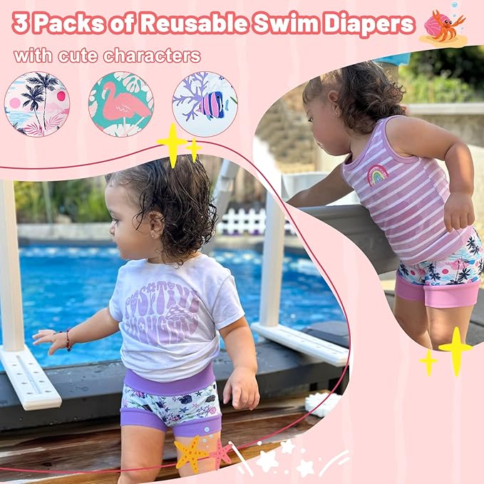 MooMoo Baby Swim Diapers 3 Pcs Waterproof Reusable Swimming Diapers for Baby Boys and Girls Swim Lesson 5T