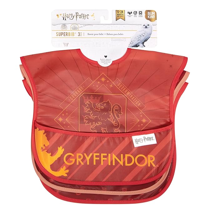 Bumkins Bibs for Girl or Boy, SuperBib Baby and Toddler for 6-24 Months, Essential Must Have for Eating, Feeding, Baby Led Weaning, Mess Saving Waterproof Soft Fabric, 3-pk Harry Potter Gryffindor